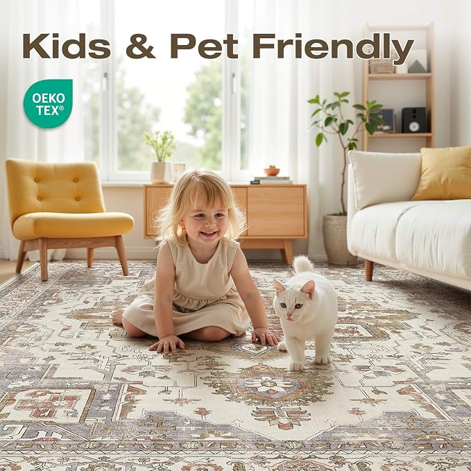 10x12 Washable Area Rugs for Living Room, Large Rug Non Slip Backing Vintage - Image 3