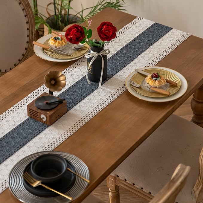EMMTEEY Boho Table Runner with Tassels 94 Inches Long, Stone Blue | Handmade - Image 7