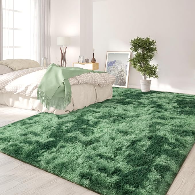 FlyDOIT Large Area Rugs for Living Room, 4x6 Feet Tie-Dyed Green Shaggy Rug - Image 3