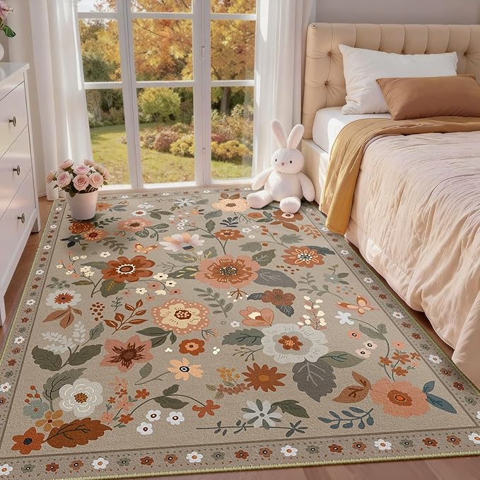 RELEANY Floral 3x5 Area Rugs Washable Print Boho Cute Carpet Non Slip Flower by RELEANY