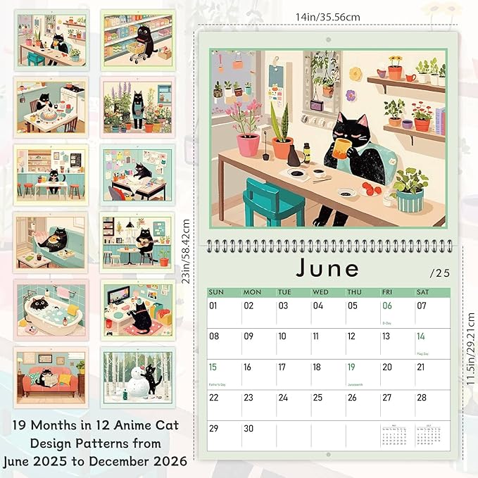 GuassLee Cat Vertical Wall Calendar 2025, 19-Months Art Hanging Wall Calendar Jun. 2025 to Dec. 2026, 14" x 23" Cute Cat Kitten Monthly Planner with Thick Paper for Office Home Decor Organizing