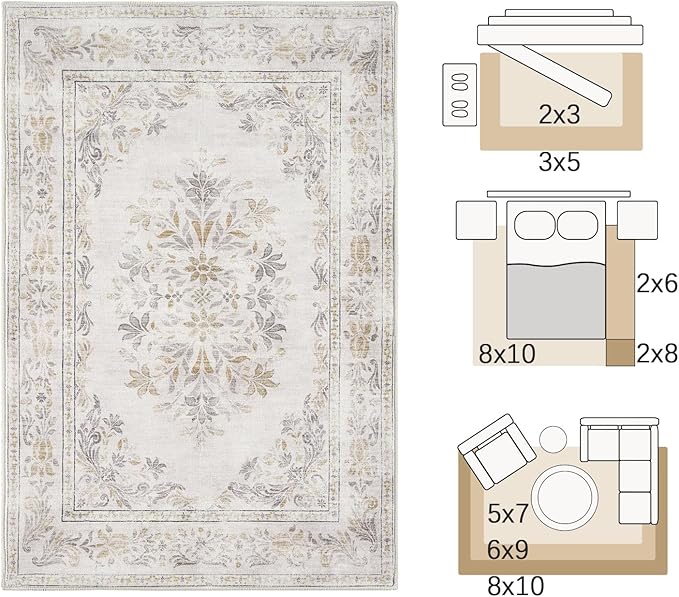 jinchan Vintage Floral 3x5 Area Rugs for Entryway - Machine Washable Distressed Design Ultra-Thin Low-Pile Soft Non-Shedding Carpet for Kitchen Bedroom Entrance Laundry Living Room (3x5ft,Light Grey)