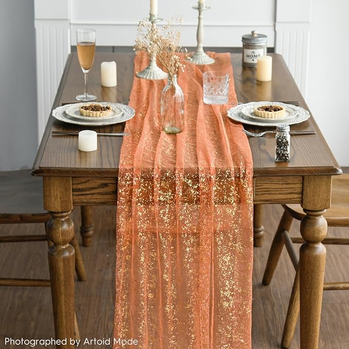 Artoid Mode 10PCS Orange Gold Gauze Table Runner 120 Inch 10FT, Glitter - Image 3