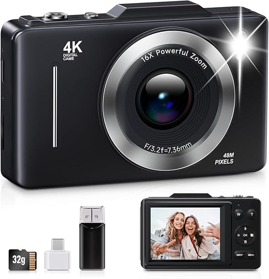 Digital Camera, FHD 1080P Kids Camera Digital with 16x Zoom Anti Shake, 32GB Card, 4K 48MP Portable Compact Point and Shoot Cameras, Vintage Small Camera for Teens Beginner Kids Present