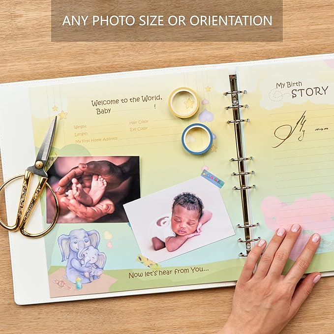 Leather-Bound Baby Memory Book Boy Girl - Beautiful Baby Scrapbook Album with Monthly Milestone Stickers | Loose-Leaf Elephant Baby Book Memory Keepsake Journal for Newborns