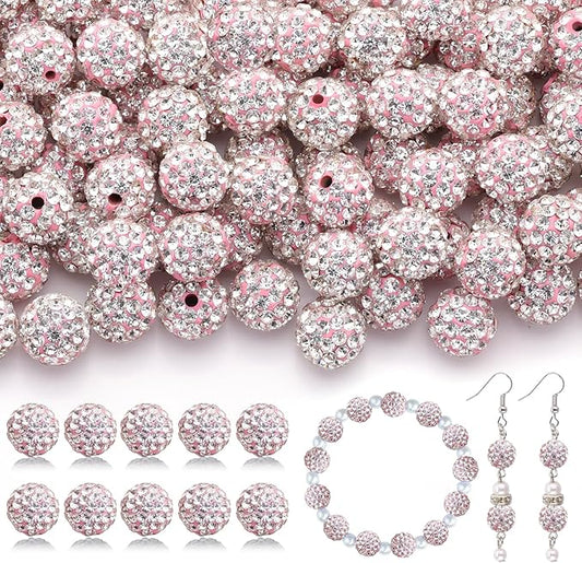 105pcs 10mm Rhinestone Beads for Jewelry Making, Pink White Shiny Round Disco Ball Beads Bulk, Sparkle Crystal Clay Christmas for Bracelet Baseball Necklace Earring Crafting and DIY