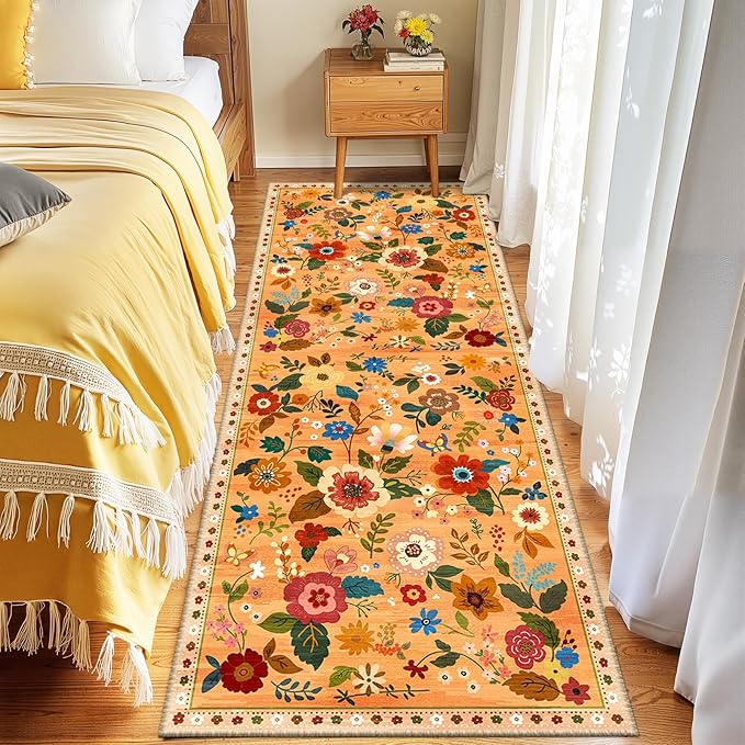 Floral 2x8 Area Rug Machine Washable Soft Print Boho Carpet Non Slip Doormat Low Pile Flower Area Rugs for Living Room Bedroom Nursery Kitchen Dining Room Indoor-Yellow/Orange