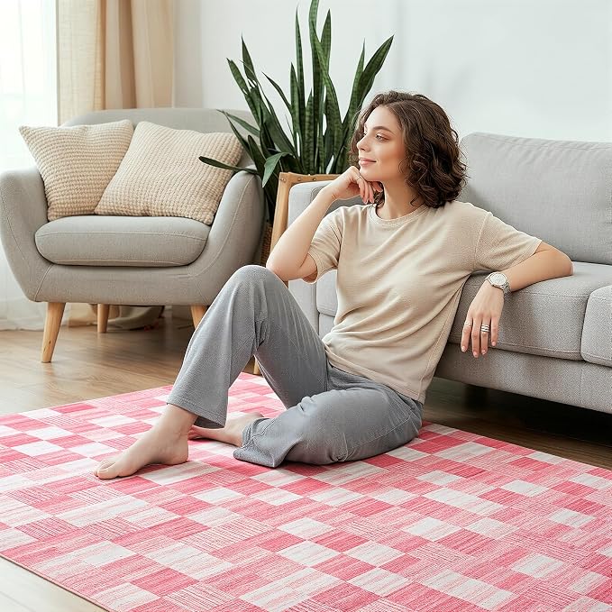 Terrug Pink Checkered Rug for Entryway, 2x3 Small Area Rugs Washable - Image 4