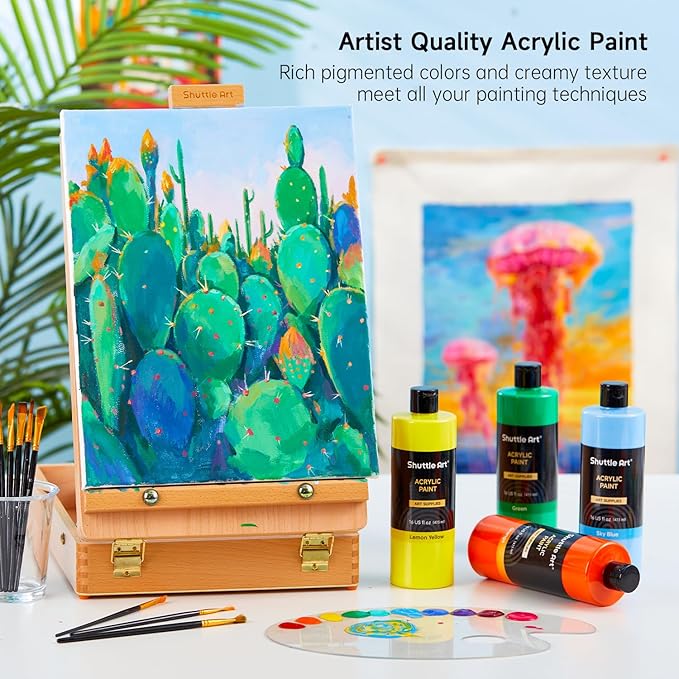 Shuttle Art Acrylic Paint, 12 Colors Acrylic Paint Large Bottle Set, 473ml/16oz Each, Rich Pigments, High Viscosity, Bulk for Artists, Beginners and Kids on Rocks Crafts Canvas Wood