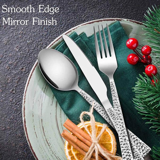 E-far 60-Piece Silverware Set, Hammered Stainless Steel Square Flatware Cutlery - Image 3