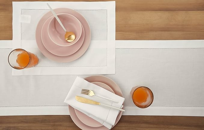 Solino Home Cotton Linen Dining Table Runner White Hemstitch, 14 x 36 in | - Image 4