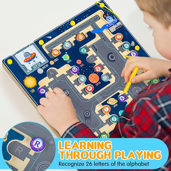 deli Magnetic Alphabet Maze, Wooden Montessori Toys for Tolddlers, Learning Educational Fine Motor Skills Toys for Kids 3 4 5 Year Old Gifts