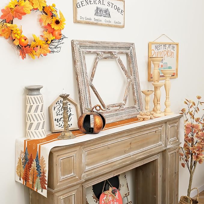 Fall Watercolor Trees & Maple Leaves Striped Table Runner 13x120 Inch, Rustic - Image 6