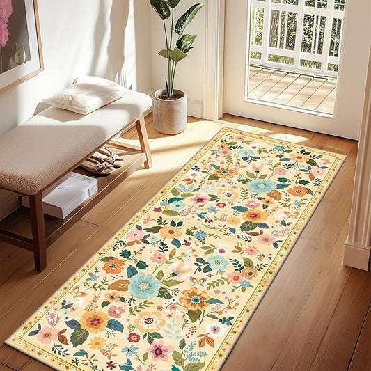 Floral 2x6 Area Rug Machine Washable Soft Print Boho Carpet Non Slip Doormat Low Pile Flower Area Rugs for Living Room Bedroom Nursery Kitchen Dining Room Indoor-Ivory/Yellow