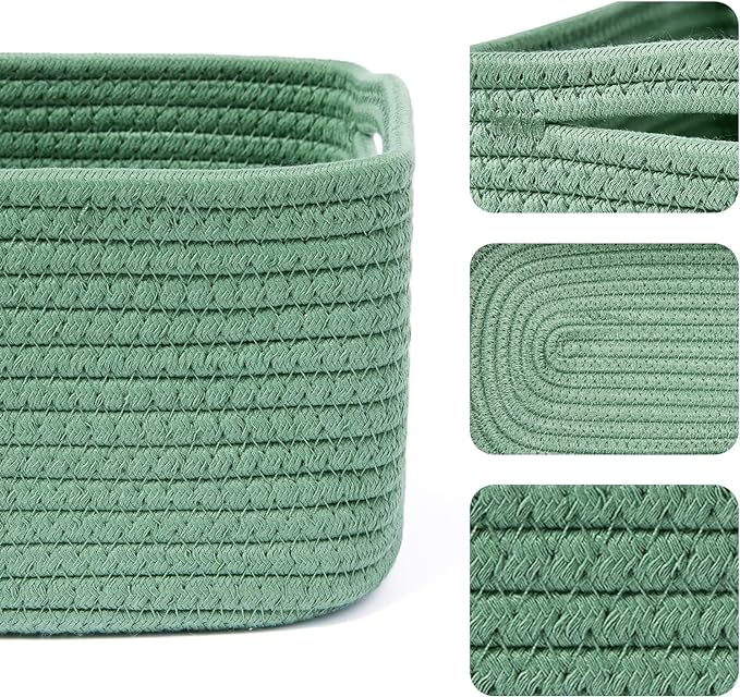 Small Storage Baskets for Organizing | Closet Organizer Bins | Shelf Toy Basket | Woven Rope Baskets | Cube Decorative Box | Shallow Basket | 13x8.5x5.1” | 3 Packs Green