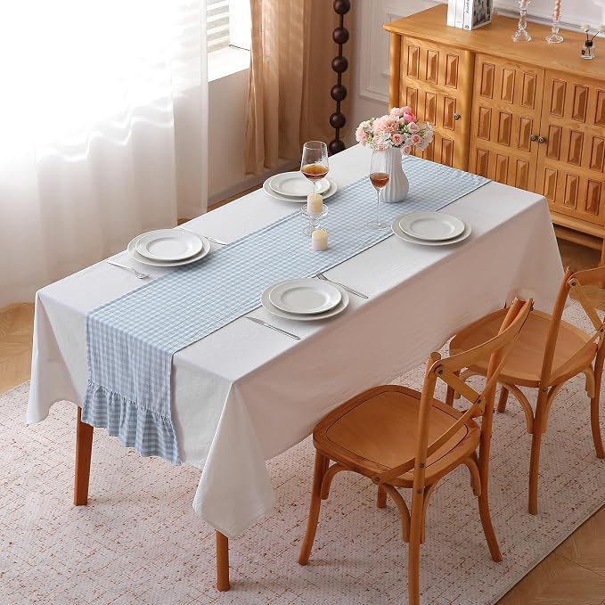 Light Blue White Plaid Gingham Ruffle Table Runner 72 inches Long 100% Washed - Image 2