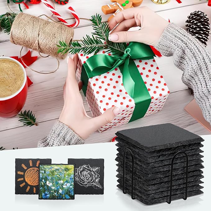 8 Pack 4 Inch Square Black Slate Coasters Set - Image 6