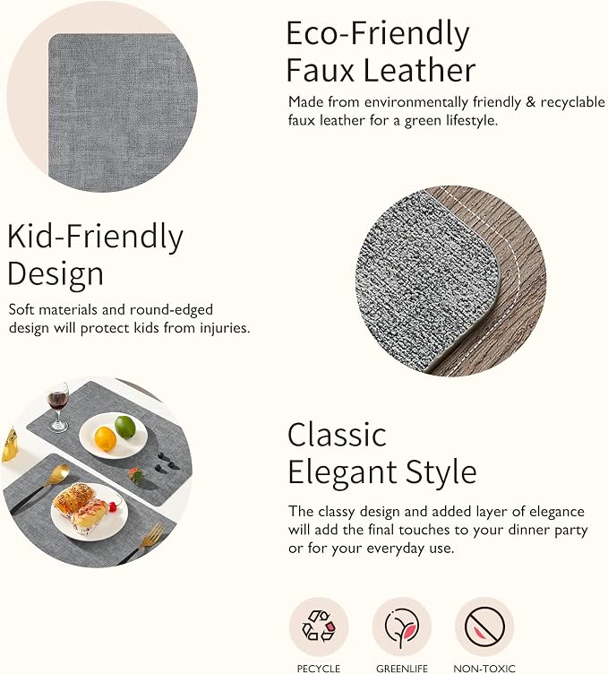 Maxpearl Faux Leather Placemats Set of 4, Light Grey | Waterproof - Image 5