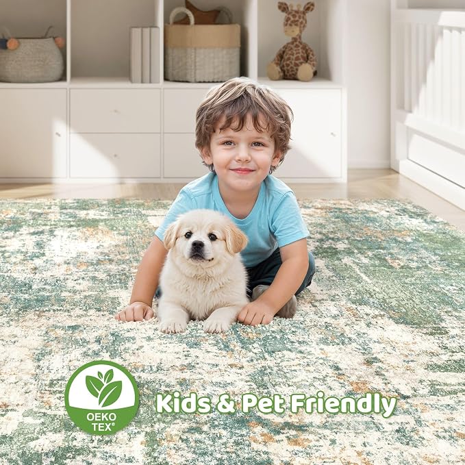 12x15 Area Rug Living Room: Washable Large Abstract Soft Green Rug Stain - Image 7