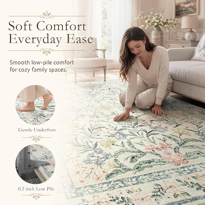 Wonnitar Round Washable Rug, Soft Floral Round Rugs 5ft Circle Carpets - Image 4