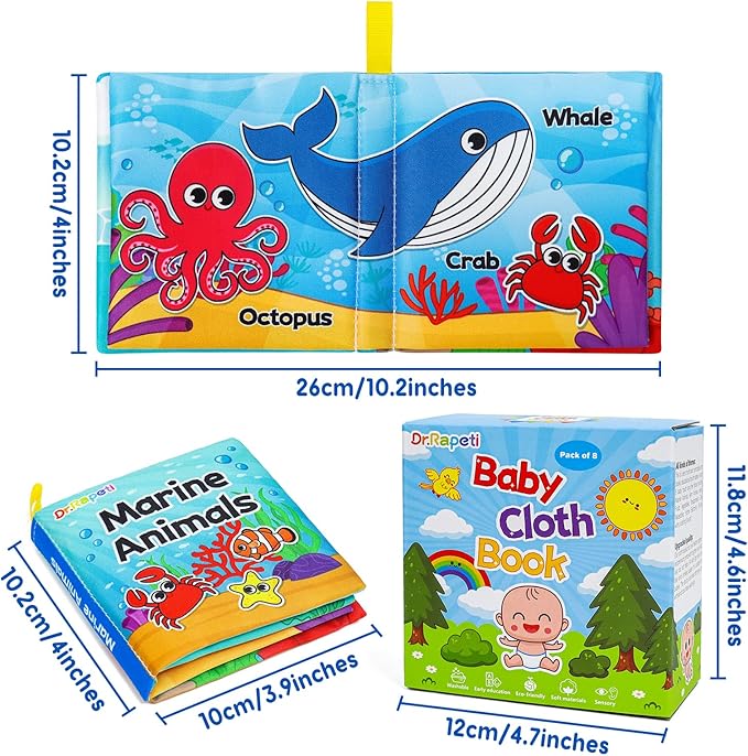 Dr.Rapeti Soft Cloth Books Baby Books Bath Books 8-Pack for Baby Infant Toddler Kid Crinkle Washable Chewable Early Educational Preschool Learning Giftable
