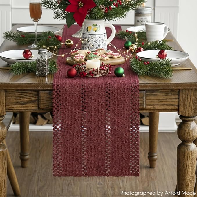 Artoid Mode Red Woven Farmhouse Hollow Table Runner 12x120 Inch | Holiday - Image 3