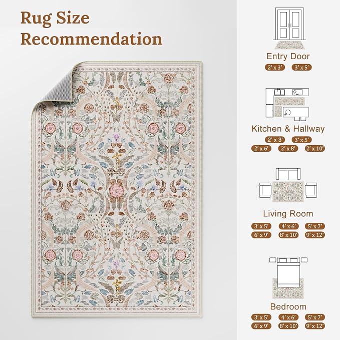 AMTOVO 5x7 Washable Area Rugs for Living Room, Vintage Boho Floral Distressed - Image 9