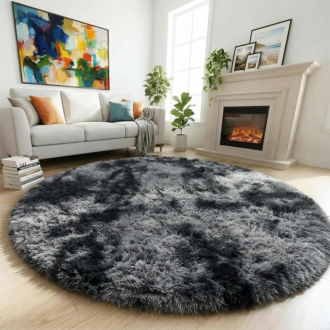 Amdrebio Tie-Dyed Dark Grey Round Area Rugs by Amdrebio