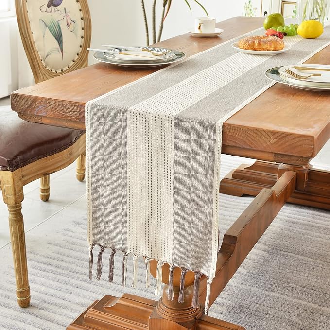 Wracra Linen Table Runner, Stripe Table Runners 60 Inches Long Coffee | - Image 5