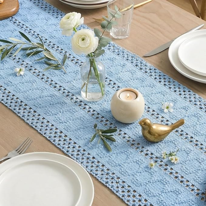 Artoid Mode Sky Blue Woven Farmhouse Hollow Table Runner 12x72 Inch | Holiday - Image 5