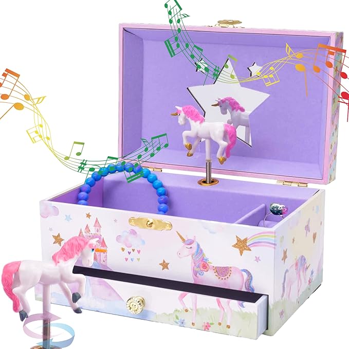 Jewelkeeper Jewelry Box for Girls with 1 Drawer - Unicorn Musical Jewelry Boxes, Beautiful Dreamer Tune, Spinning Unicorn Doll, Little Girl Music Box, Gifts for 5 Year Old Girls (Engineered Wood)