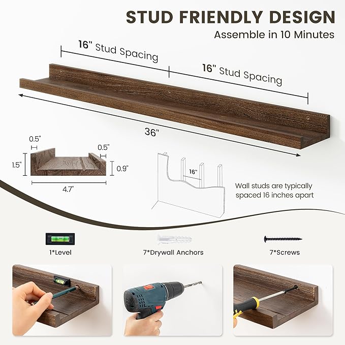 Fun Memories Picture Ledge Shelf, 36 Inch Floating Shelves for Wall, Nursery Bookshelf for Storage, Rustic Elm Wood Photo Ledge Shelves for Bedroom, Living Room, Kitchen (Walnut, 36in Set of 2)