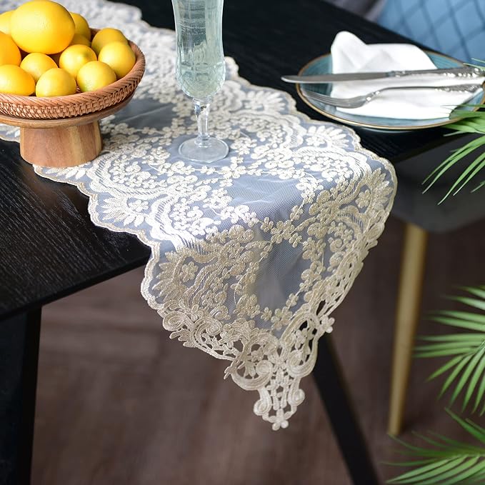SUTAVIA Lace Table Runner 12"×96" Gold Embroidered Dresser Scarf | Classic - Image 3