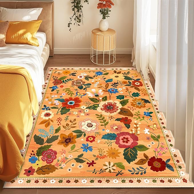 Floral 5x7 Area Rug Machine Washable Soft Print Boho Carpet Non Slip Doormat Low Pile Flower Area Rugs for Living Room Bedroom Nursery Kitchen Dining Room Indoor-Yellow/Orange
