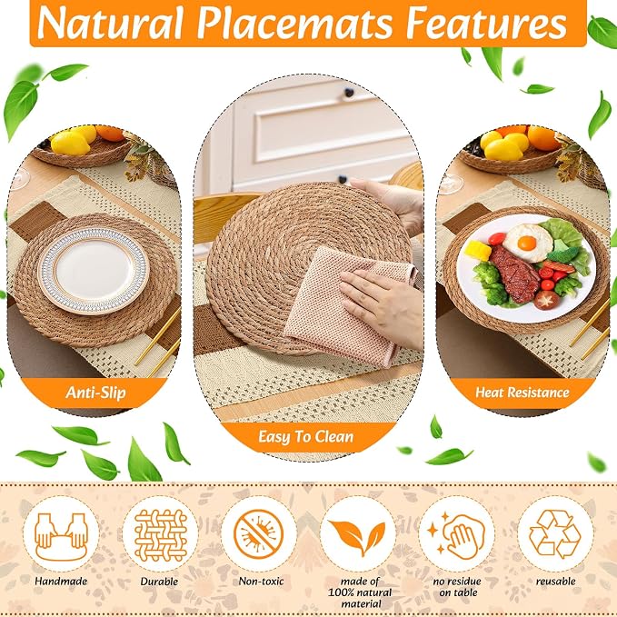 6 Sets Boho Decoration Placemats Round Woven Placemats, Cloth Napkins, Wood - Image 5