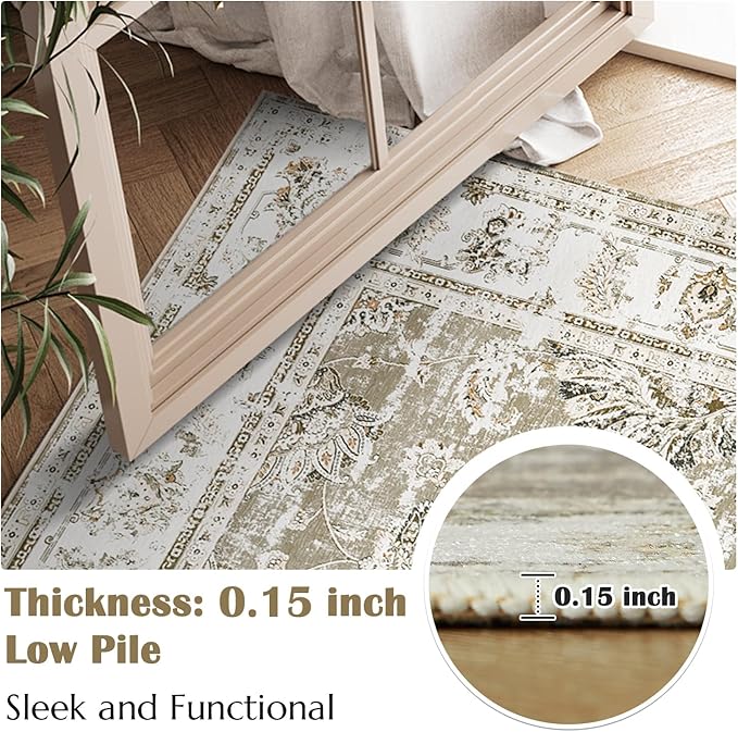 jinchan Hallway Runner Rug 2x10 Machine Washable Runner Rug Taupe Vintage Floral Design Non-Slip Ultra-Thin for Kitchen Laundry Room Bedroom Farmhouse (2‘x10',Taupe)