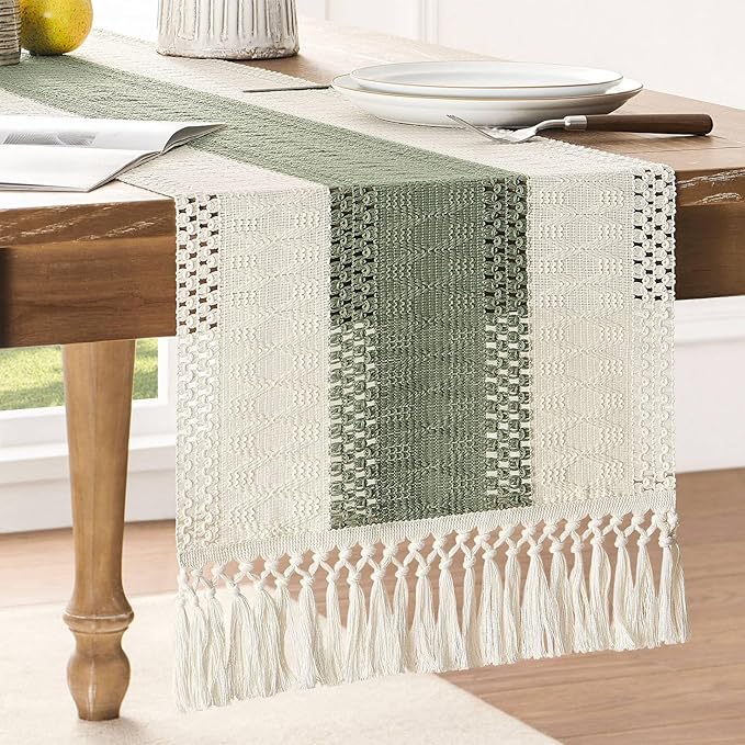 Macrame Style Bicolor Stitching Table Runner 14x72in Green | Woven Boho Table by ZEEMARTONLINE