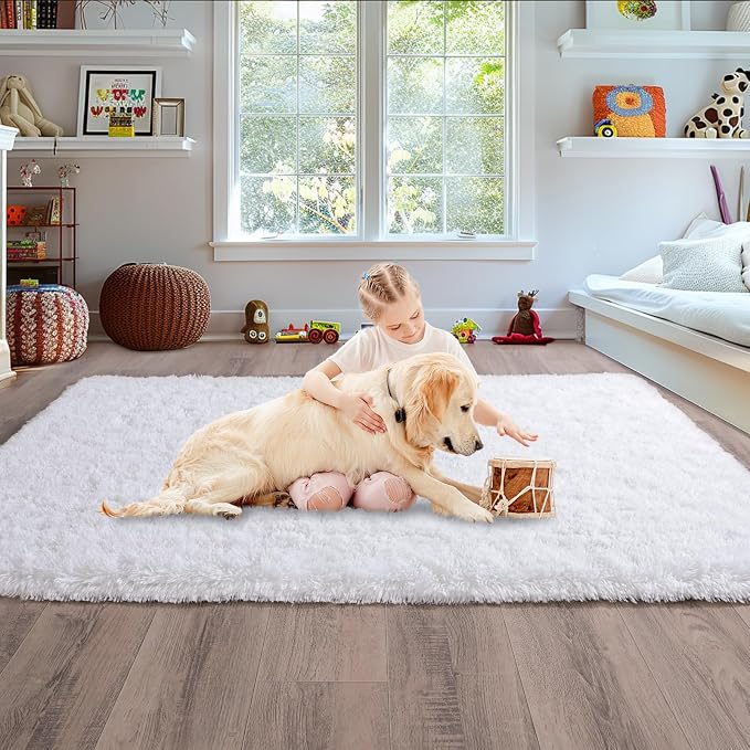 5x7 White Rugs for Bedroom, Soft Fluffy Shaggy Rugs for Living Room, Non-Slip - Image 4