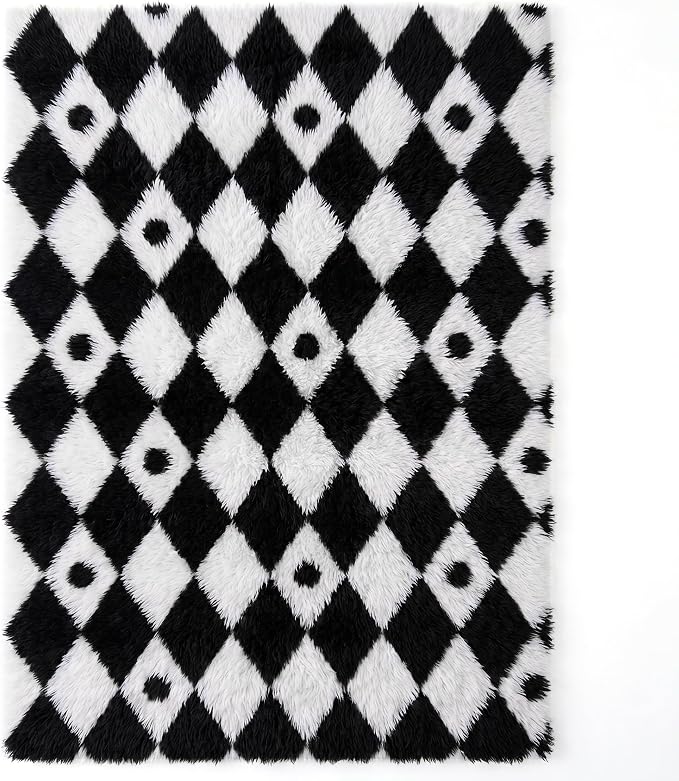 PureCozy Checkered Rug 8x10 Fluffy Shag Living Room Black and White Area Rug - Image 7