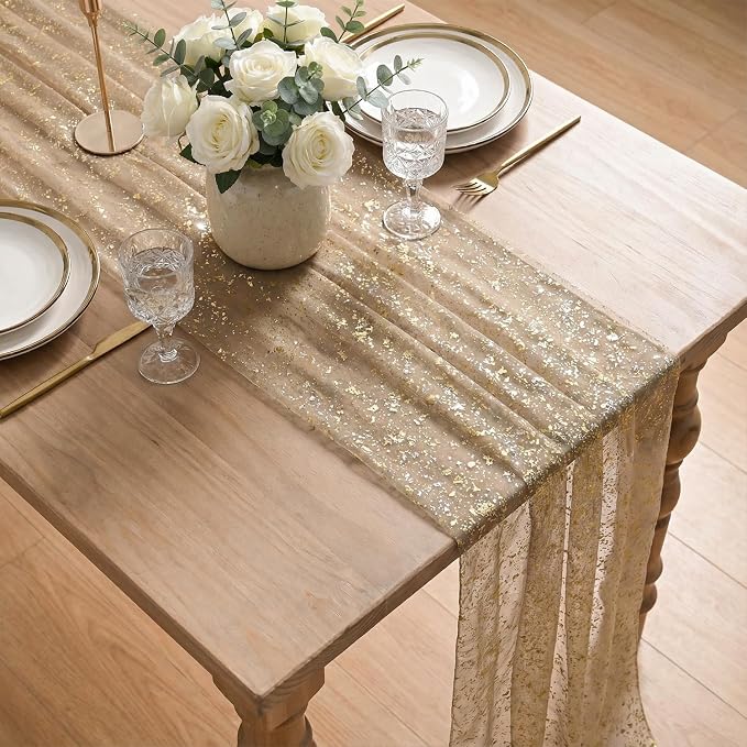 Artoid Mode Coffee Gold Gauze Table Runner 120 Inch 10FT, Glitter Metallic Foil - Image 4