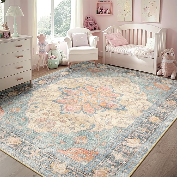 RELEANY Area Rugs 5'x7' Washable Non-Slip, Floral Vintage Distress Medallion by RELEANY