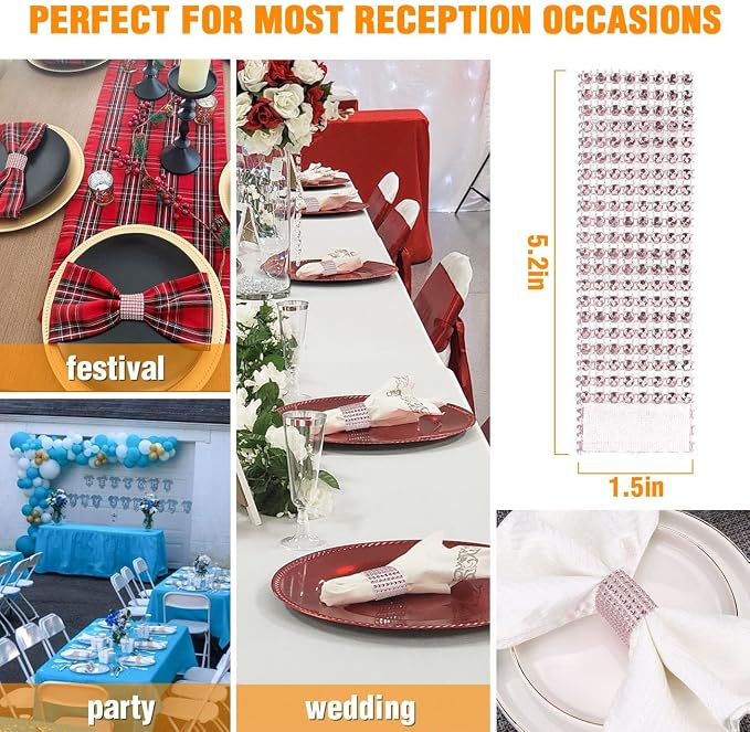 Pink Napkin Rings for Wedding Set of 150pcs, Rhinestone Diamond Crystal Napkin - Image 3
