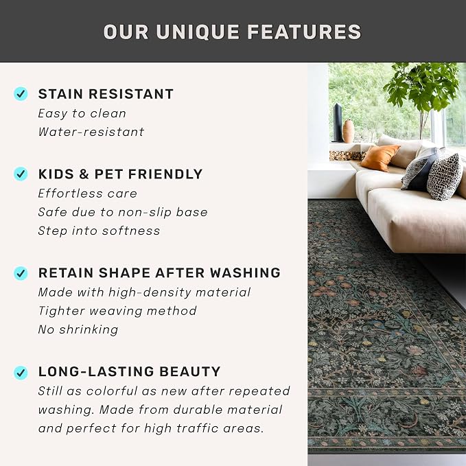 Dark Green Washable 3x6 Runner Rug - Image 6