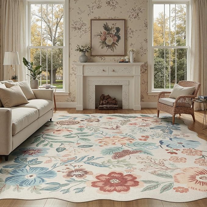 DCX Beige Floral Rug 8x10, Washable Beige Rug - Image 7