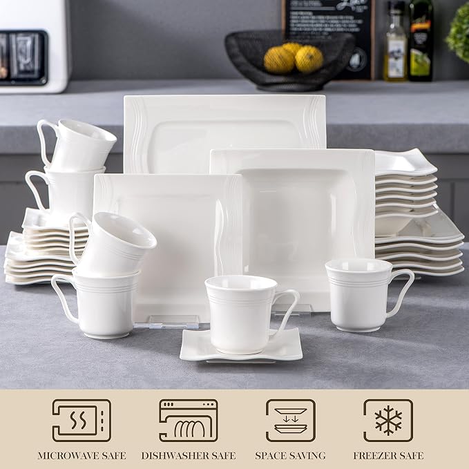 MALACASA 30 Pieces Dinnerware Sets, Modern Ivory White Plates and Bowls Sets - Image 4