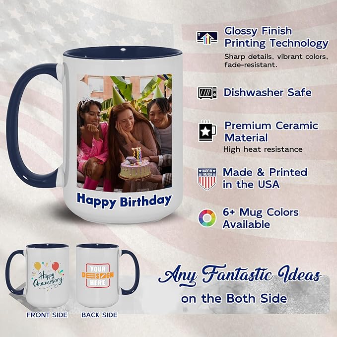 Custom Mug Upload Your Picture Personalized Coffee Mug with Photo Text Name Customized Cup Unique Ideas Gifts for Men Women Mom Dad Girlfriend Boyfriend Friend Family (Dark Blue, 15oz)