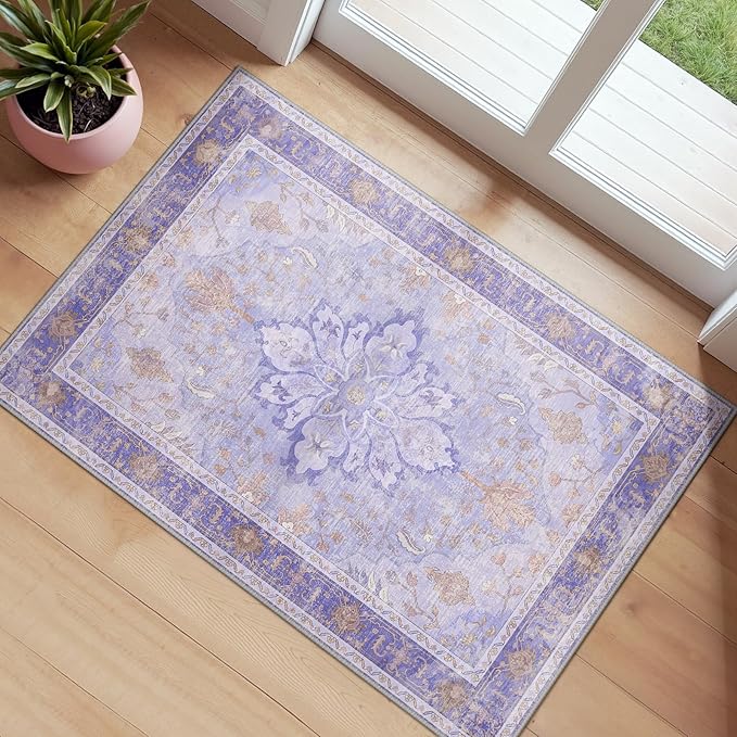 RELEANY Area Rugs Small 2'x4' Washable Non-Slip, Floral Vintage Distress by RELEANY