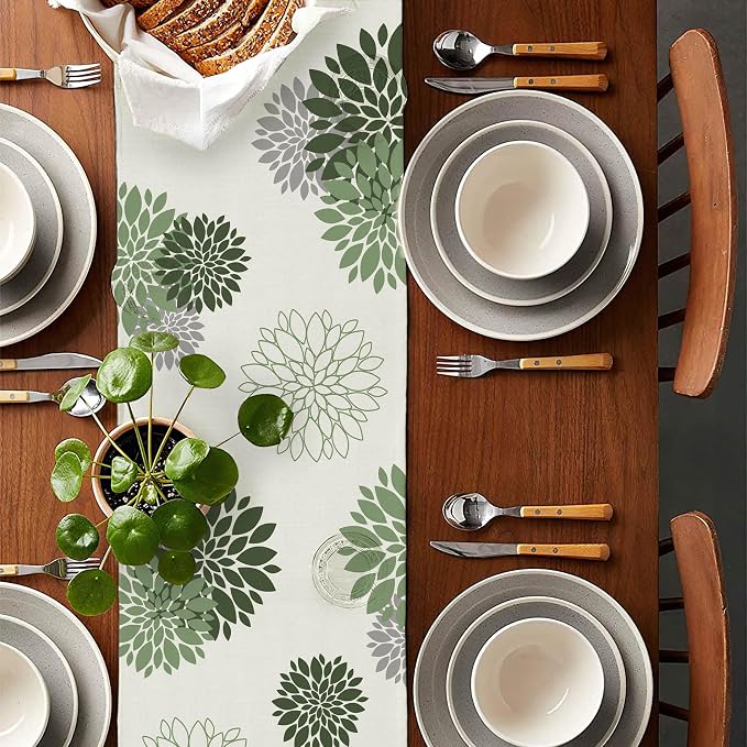Sage Green Gray Table Runner Dahlia Pinnata Flower Beige Table Runners Modern - Image 3