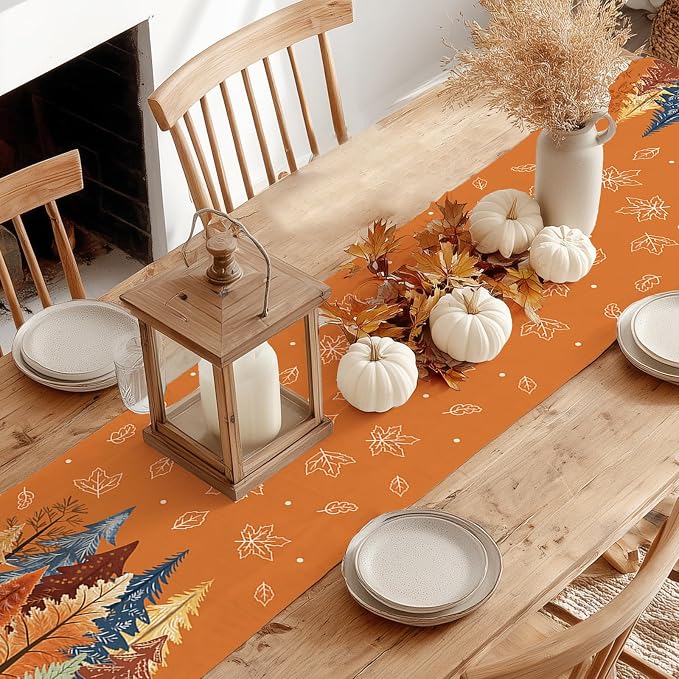Fall Watercolor Trees & Maple Leaves Table Runner 13x48 Inch, Rustic Farmhouse - Image 6
