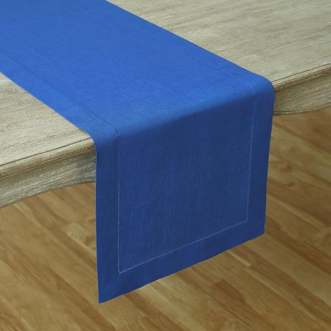 Solino Home 100% Pure Linen Table Runner Blue, Classic Hemstitch 14 x 90 in | - Image 2